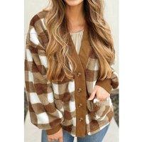 Everyday The Label Women's Brown Checkered Sherpa Loose Knit Cardigan with Pockets | Size: Medium