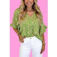 Everyday The Label Women's Green Floral Print Ruffle Sleeve V Neck Blouse Top Blouses | Size: Large