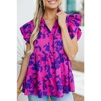 Everyday The Label Women's Rose Floral Print Collared Button Neckline Flutter Sleeve Blouse | Size: XL
