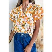 Everyday The Label Women's Russet Orange Ruffled V Neck Scalloped Short Sleeve Floral Blouse | Size: Large