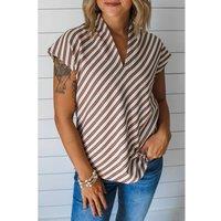 Everyday The Label Women's Chestnut Striped Stand V Neck Short Sleeve Blouse in Brown | Size: Large