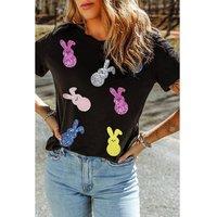 Everyday The Label Women's Black Sequin Bunny Doll Graphic Easter Day T-Shirt | Size: Large