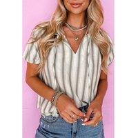 Everyday The Label Women's Gray Stripe Frilled Tie Neck Short Sleeve Blouse Blouses | Size: Medium
