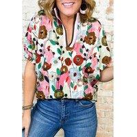 Everyday The Label Women's Pink Floral Print Slit V Neck Short Sleeve Blouse Blouses | Size: Medium