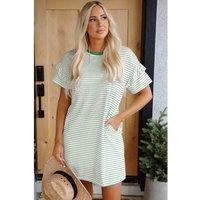 Everyday The Label Women's Green Stripe Ruffled Short Sleeve Crew Neck T-Shirt Shift Mini Dress | Size: XL