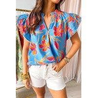 Everyday The Label Women's Sky Blue Floral Print V Neck Pompom Trim Flutter Sleeve Blouse Blouses | Size: Large