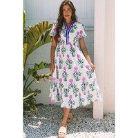 Everyday The Label Women's White Floral Puff Short Sleeve V Neck High Waist Maxi Dress | Size: XL