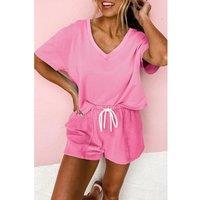 Everyday The Label Women's Bonbon V Neck Drop Shoulder Tee & Patchwork Drawstring Shorts Set | Size: XL