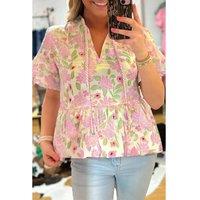 Everyday The Label Women's Pink Floral Print Drawstring V Neck Peplum Blouse Blouses | Size: XL