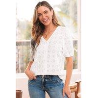 Everyday The Label Women's White Lace Puff Sleeve V Neck Button Up Shirt Blouses | Size: Small