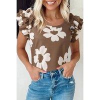 Everyday The Label Women's Brown Floral Textured Ruffled Short Sleeve Square Neck Blouse | Size: Large