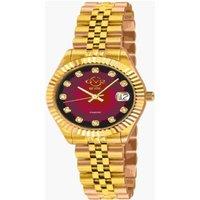 GV2 Women's Naples 18 Diamond-Set Luxury Swiss Quartz IP Yellow Gold Stainless Steel Bracelet Sapphire Crystal, Fluted Bezel 32.5 MM Red Dial Watch