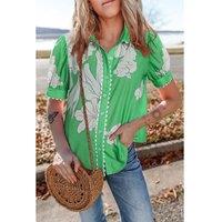 Everyday The Label Women's Green Floral Ric Rac Edge Puff Sleeve Button Up Summer Shirt | Size: XL