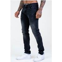 Voi London Men's Taper Fit Distressed Stretch Jeans in Black | Size: 28R