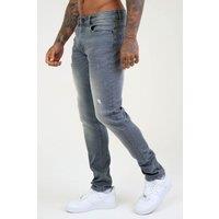 Voi London Men's Taper Fit Distressed Stretch Jeans in Mid Grey | Size: 32R