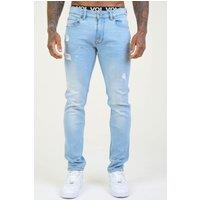 Voi London Men's Taper Fit Distressed Stretch Jeans in Light Blue | Size: 28L