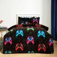 OHS Ultra Soft Teddy Fleece 10.5 Tog Coverless Gaming Pringt Single Duvet with Pillowcase in Black