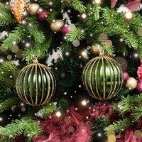 Melody Maison Set Of 2 Green Glitter Striped Reeded Hanging Baubles - 8cm