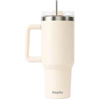 Keplin Tumbler 40 oz with Handle, Travel Mug, Thermal Flask with Straw & Lid in Cream