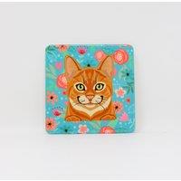 Mulberry Studios Pet Coaster - Ginger Cat Flowers in Blue