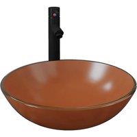 Berkfield Home Bathroom Sink with Tap & Push Drain Brown Tempered Glass