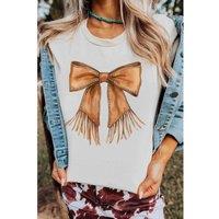 Everyday The Label Women's White Tassel Bowknot Print Round Neck Western Fashion T-Shirt | Size: XL