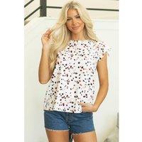 Everyday The Label Women's Beige Abstract Print Ruffle Flutter Sleeve Keyhole Back Slim Blouse | Size: XL