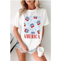 Everyday The Label Women's White Bow Cherry AMERICA Graphic Crewneck Patriotic T-Shirt | Size: 22