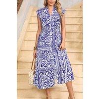 Everyday The Label Women's Dirty blue Shirred Waist V Neck Sleeveless Floral Print Midi Dress | Size: Large