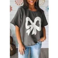 Everyday The Label Women's Medium Grey Lace Bow Raw Edge Drop Shoulder Casual T-Shirt in Mid Grey | Size: Large