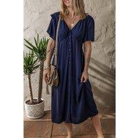 Everyday The Label Women's Navy Blue V Neck Buttoned Front Shirred Back Short Sleeve Midi Dress | Size: Medium