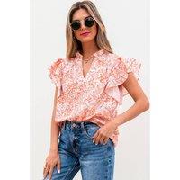 Everyday The Label Women's Orange Floral Ruffle Sleeve Split Neck Blouse Blouses | Size: Small
