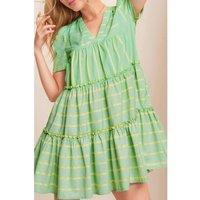 Everyday The Label Women's Green Stripe V Neck Short Sleeve Frilled Detail A-line Dress | Size: Large
