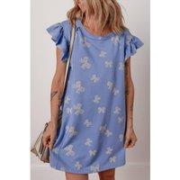 Everyday The Label Women's Sky Blue Bow Knot Print Crewneck Ruffled Sleeve Shift Mini Dress | Size: Large