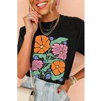 Everyday The Label Women's Black Colorful Flower Graphic Crewneck Summer Tee | Size: XL