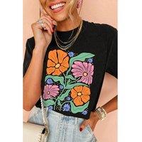 Everyday The Label Women's Black Colorful Flower Graphic Crewneck Summer Tee | Size: Small