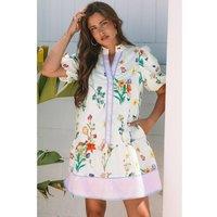 Everyday The Label Women's White Floral Print Contrast Striped Patchwork Short Puff Sleeve Dress | Size: XL