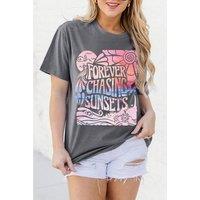 Everyday The Label Women's Gray FOREVER CHASING SUNSETS Graphic Summer T-Shirt in Grey | Size: XL