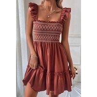 Everyday The Label Women's Red Sandalwood Geometric Stitch Shirred Bodice Ruffled Trim Sleeveless | Size: Large