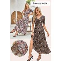 Everyday The Label Women's Brown Mesh Leopard Floral Reversible V Neck Short Sleeve Dress | Size: Large