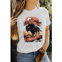Everyday The Label Women's White Western Buffalo On Plains Graphic Crew Neck Tee | Size: Small