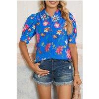 Everyday The Label Women's Blue Floral Short Puff Sleeve Button Up Shirt | Size: Small