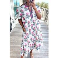 Everyday The Label Women's White Allover Print Contrast Split Neckline Short Puff Sleeve Curvy | Size: 4XL