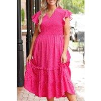 Everyday The Label Women's Rose Polka Dot Print Ruffled Smocked High Waist Plus Midi Dress | Size: XL