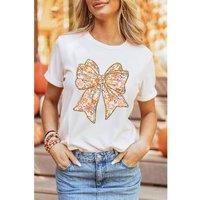 Everyday The Label Women's White Glitter Trim Floral Bow Print Cotton Blend T-Shirt | Size: Large
