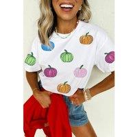 Everyday The Label Women's White Sequin Pumpkin Patched Cotton Blend T-Shirt | Size: 24