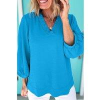 Everyday The Label Women's Sky Blue Frilled V Neckline Bracelet Sleeve Crinkled Blouse Blouses | Size: Medium