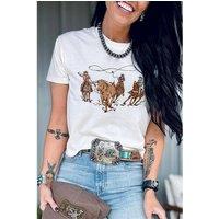 Everyday The Label Women's White Retro Cowboy Roping Cotton Blend Graphic Tee | Size: Large