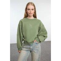 WOVCOR Women's Embroidered Crew Neck Fleece Sweatshirt in Khaki | Size: Large
