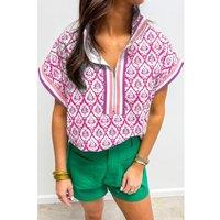 Everyday The Label Women's Pink Western Print Zipped Collar Short Sleeve Summer Blouse Top | Size: Small